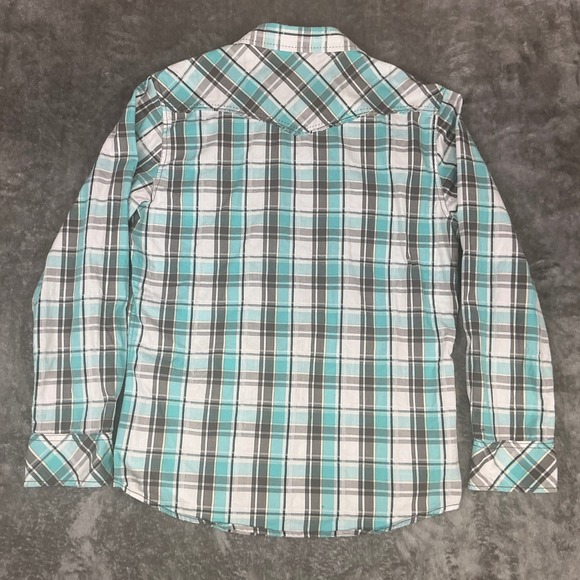 BKE Mens Slim Fit Western Pearl Snap Shirt Turquoise Plaid Cotton Large - Picture 3 of 10